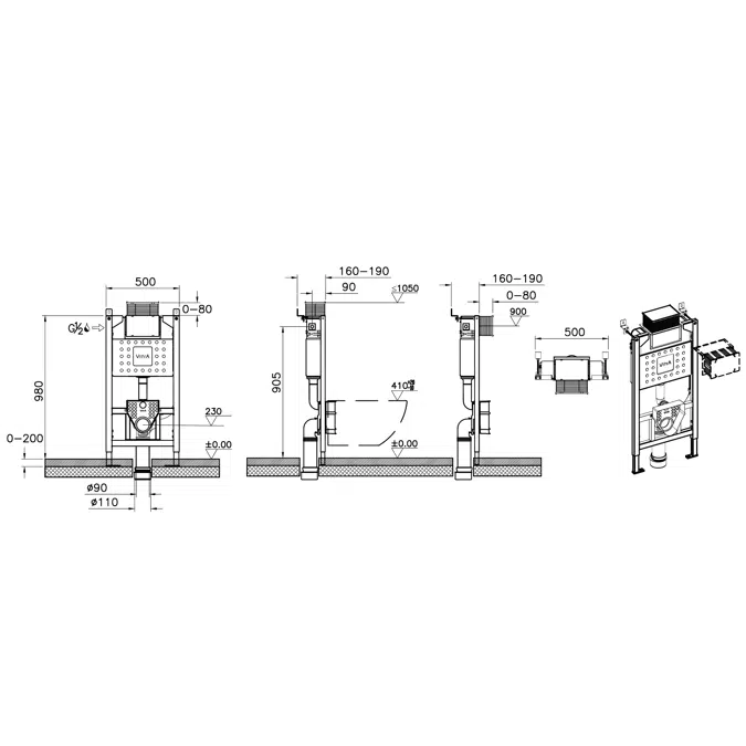 ConcealedCistern-ForWallHungWCPans-3/6lt-98cm-GypsumplateWalls-Unity-VitrA-761-5825-01