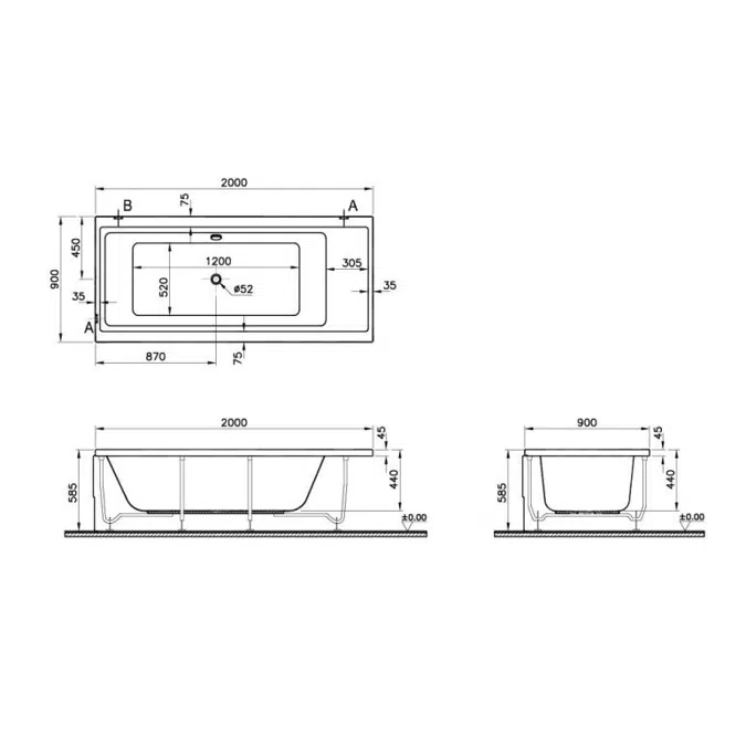 Bathtub - 200x90cm - Pure - Rectangular Double Ended Bathtub - 4 Life Series - VitrA