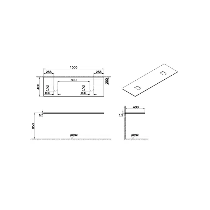 Countertop - 150cm - Wooden Top Counter - Double - Origin Series - VitrA