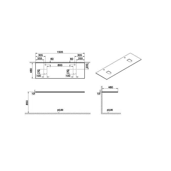 Countertop - 150cm - With Faucet Hole - Double - Origin Series - VitrA