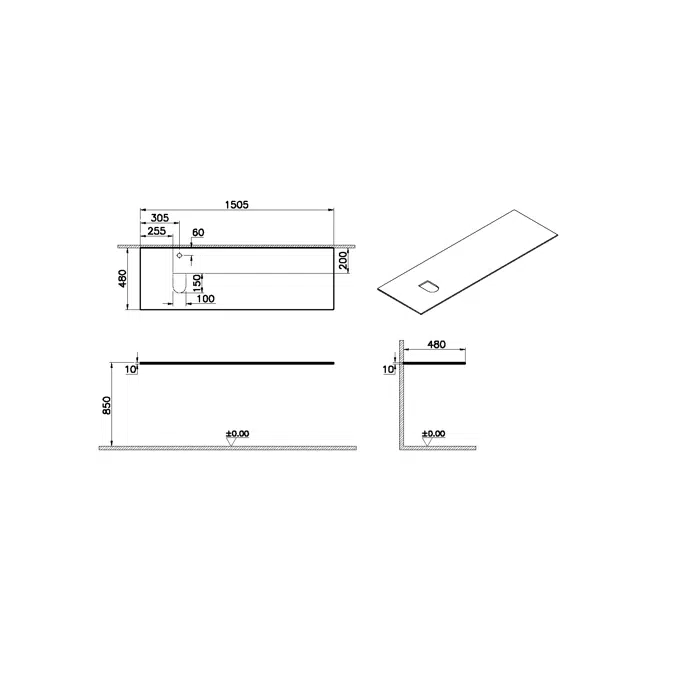 Countertop - 150cm - With Faucet Hole - Left - Origin Series - VitrA