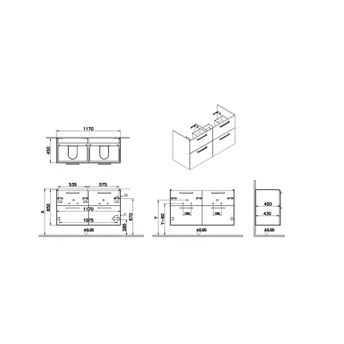 BIM objects - Free download! Washbasin Unit - 120cm - 4 Drawers - Root ...
