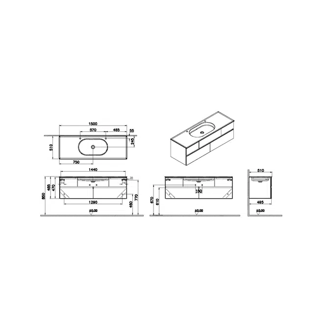 Washbasin Unit - 150cm - With Drawer - Without Faucet Hole - Memoria Series - VitrA