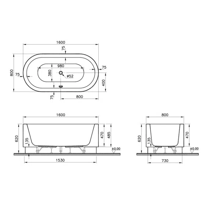 Bathtub - 160x80cm - Oval Duo Soft Bathtub - 4 Life Series - VitrA