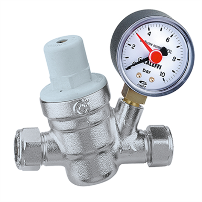 Inclined pressure reducing valve with compression ends, with pressure gauge connection