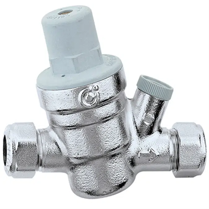 Inclined pressure reducing valve with compression ends, with pressure gauge connection