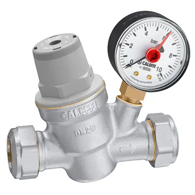 kép a termékről - Inclined pressure reducing valve with compression ends. With pressure gauge connection
