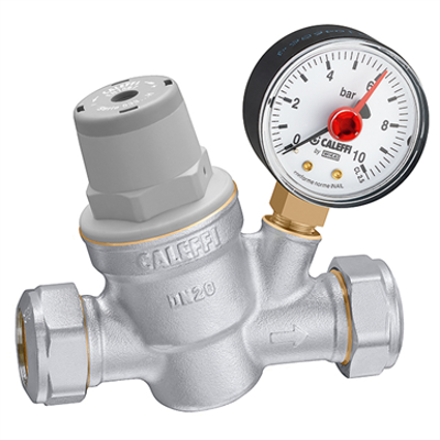 Image for Inclined pressure reducing valve with compression ends. With pressure gauge connection