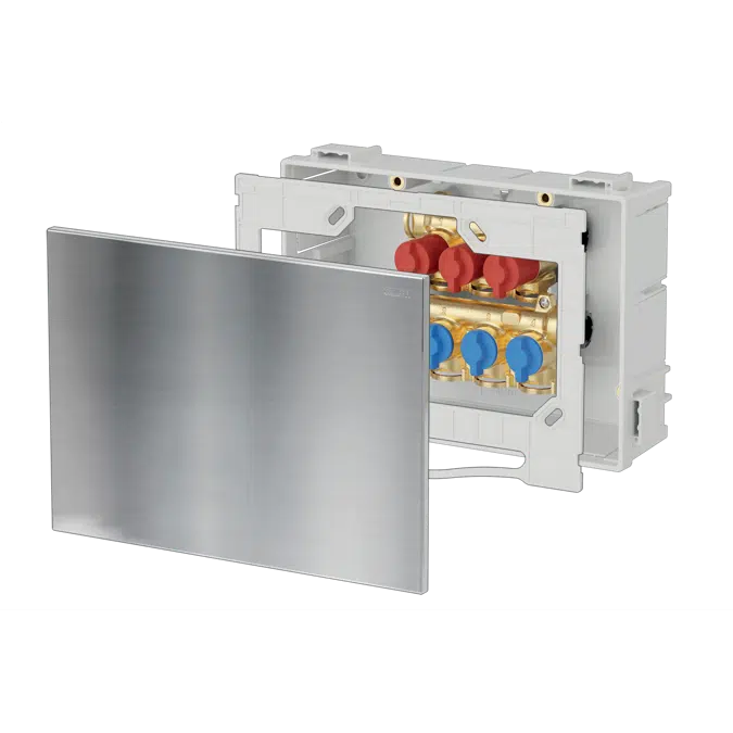Domestic water distribution manifolds pre-assembled in boxes with individual shut-off valves