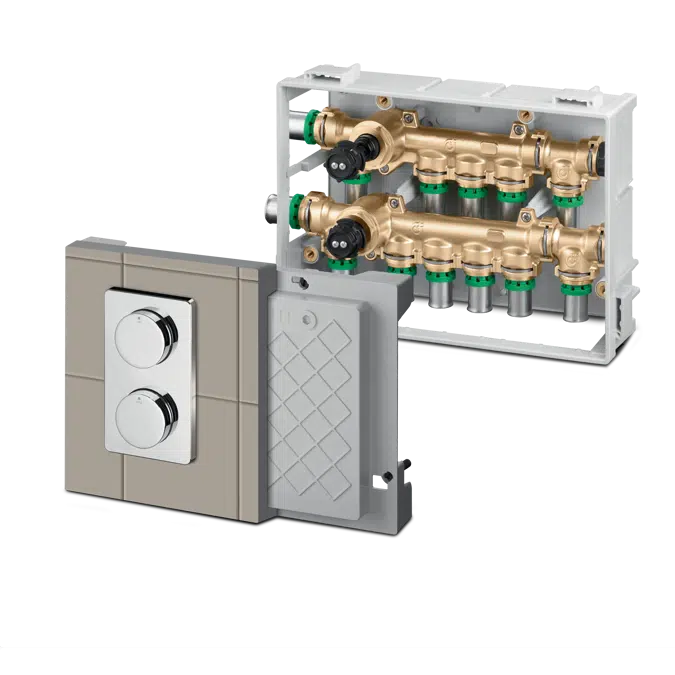 Domestic water distribution manifolds pre-assembled in boxes with individual shut-off valves