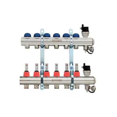 imagem para Topway 
Pre-assembled distribution manifold nickel-plated, 24x19 takeoffs and 3/4" eurocone takeoffs with flow meters
