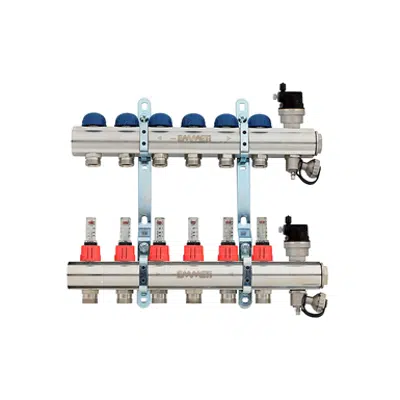 Image for Topway 
Pre-assembled distribution manifold nickel-plated, 24x19 takeoffs and 3/4" eurocone takeoffs with flow meters
