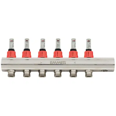 Image for Topway single bars manifolds 1” and 1”1/4 distribution nickel – plated, with lockshields with flow meters, 24x19 and 3/4" eurocone takeoffs