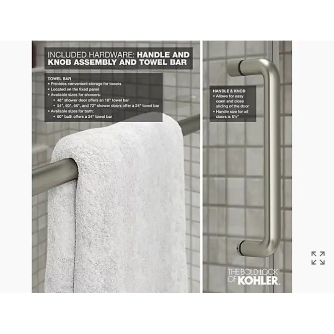 Elate™ Sliding shower door, 70-1/2" H x 50-1/4 - 53-5/8" W, with 1/4" thick Crystal Clear glass