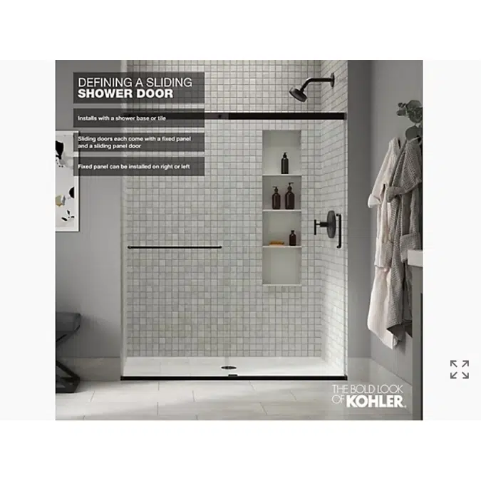 Elate™ Sliding shower door, 70-1/2" H x 50-1/4 - 53-5/8" W, with 1/4" thick Crystal Clear glass with rectangular grille pattern