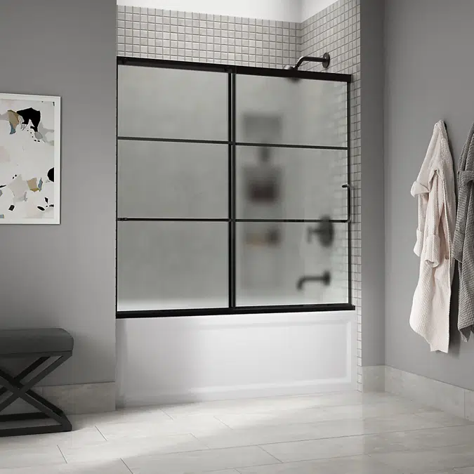 Elate™ Sliding bath door, 56-3/4" H x 56-1/4 - 59-5/8" W, with 1/4" thick Frosted glass with rectangular grille pattern