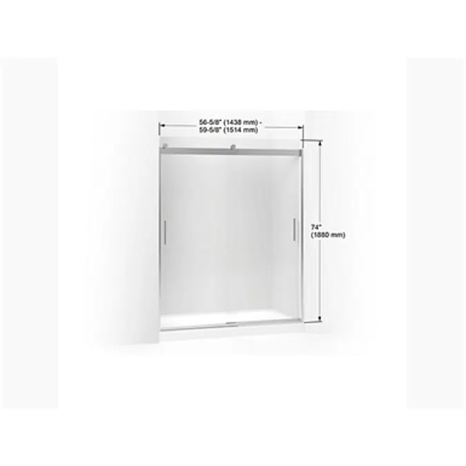 K-706009-D3 Levity® Sliding shower door, 74" H x 56-5/8 - 59-5/8" W, with 1/4" thick Frosted glass and blade handles