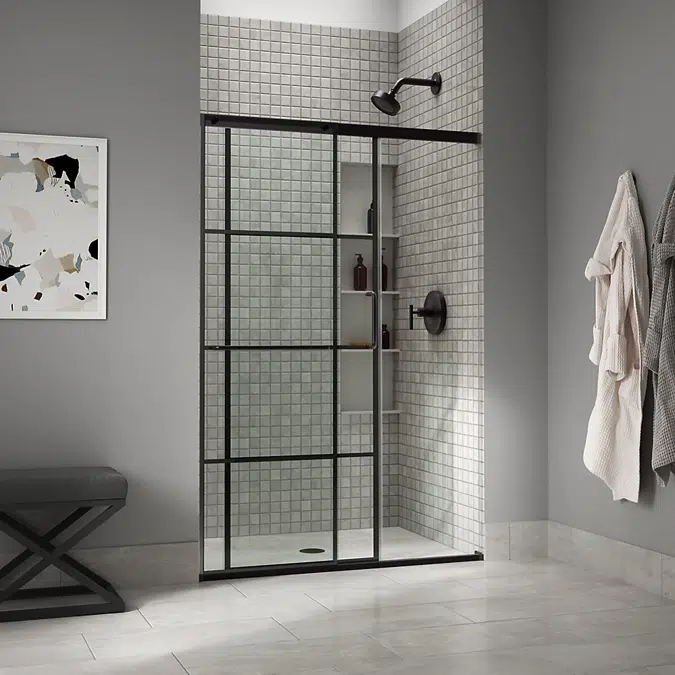 Elate™ Tall Sliding shower door, 75-1/2" H x 44-1/4 - 47-5/8" W, with heavy 5/16" thick Crystal Clear glass with rectangular grille pattern