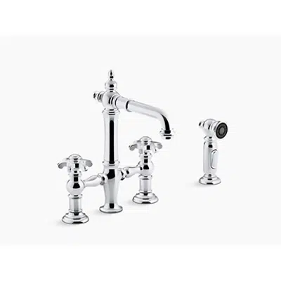 kuva kohteelle K-76520-3M Artifacts® Deck-mount bridge bar sink faucet with prong handles and sidespray