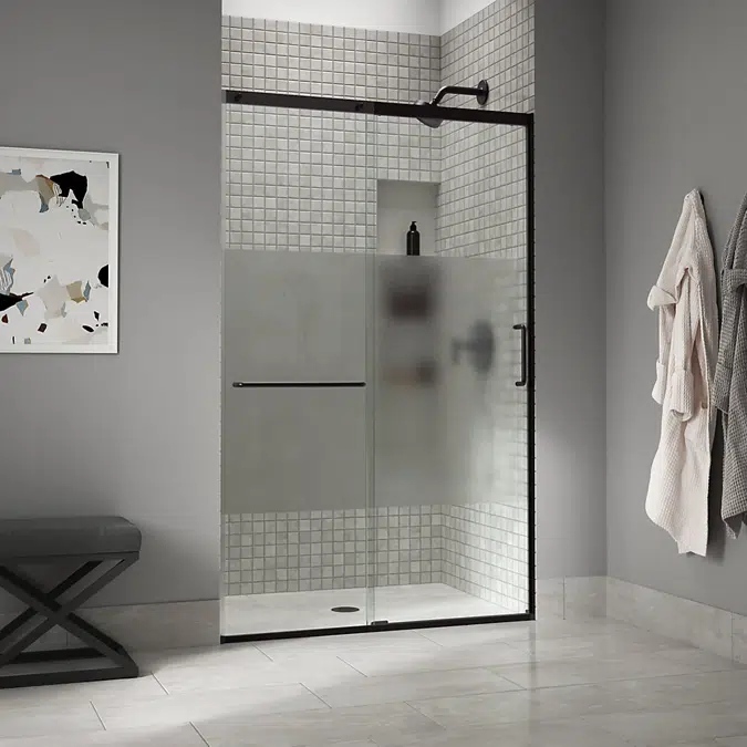 Elate™ Tall Sliding shower door, 75-1/2" H x 44-1/4 - 47-5/8" W, with heavy 5/16" thick Crystal Clear glass with privacy band