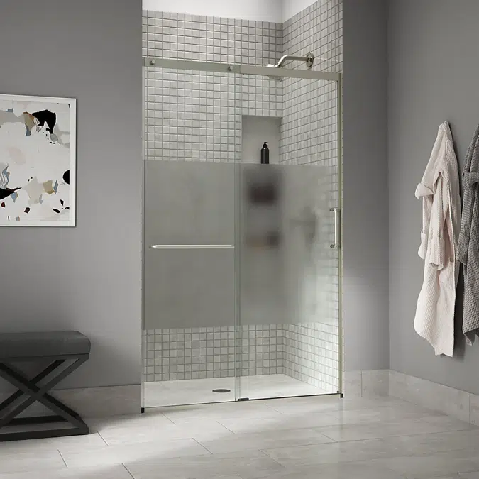 Elate™ Tall Sliding shower door, 75-1/2" H x 44-1/4 - 47-5/8" W, with heavy 5/16" thick Crystal Clear glass with privacy band