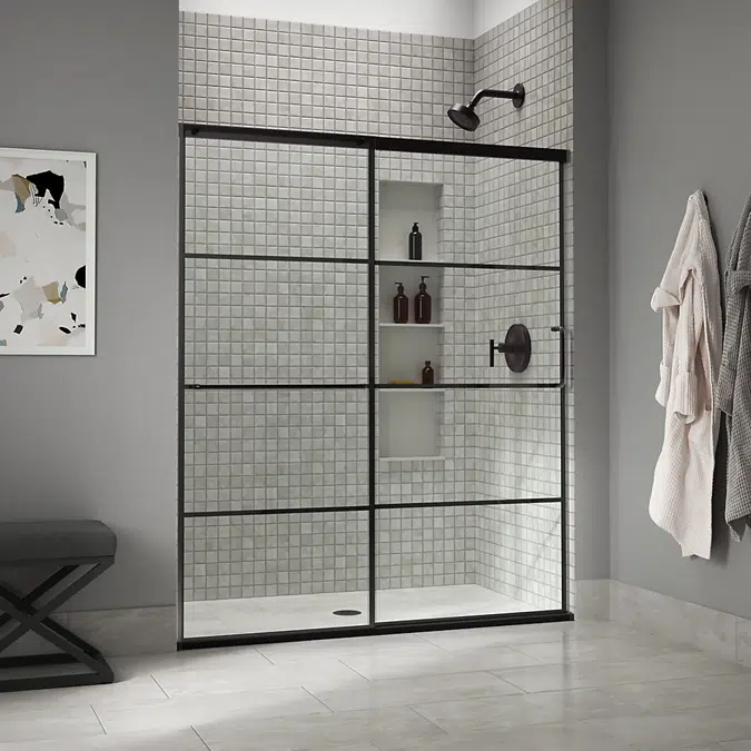 Elate™ Sliding shower door, 70-1/2" H x 56-1/4 - 59-5/8" W, with 1/4" thick Crystal Clear glass with rectangular grille pattern