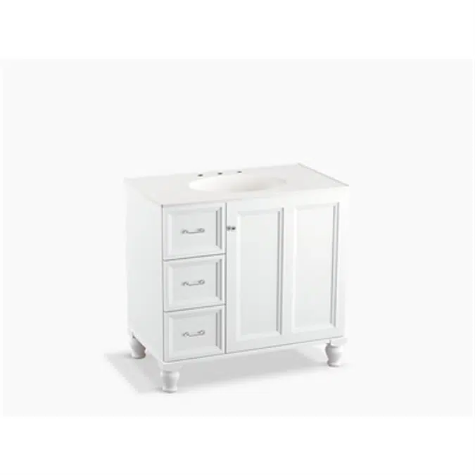 K-99520-LGL Damask® 36" bathroom vanity cabinet with furniture legs, 1 door and 3 drawers on left