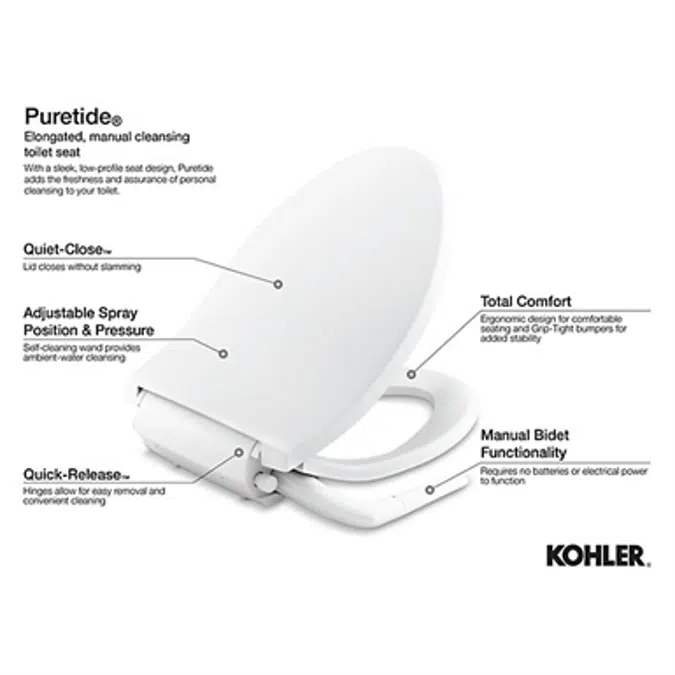 K-5724 Puretide® Quiet-Close™ Elongated manual bidet toilet seat