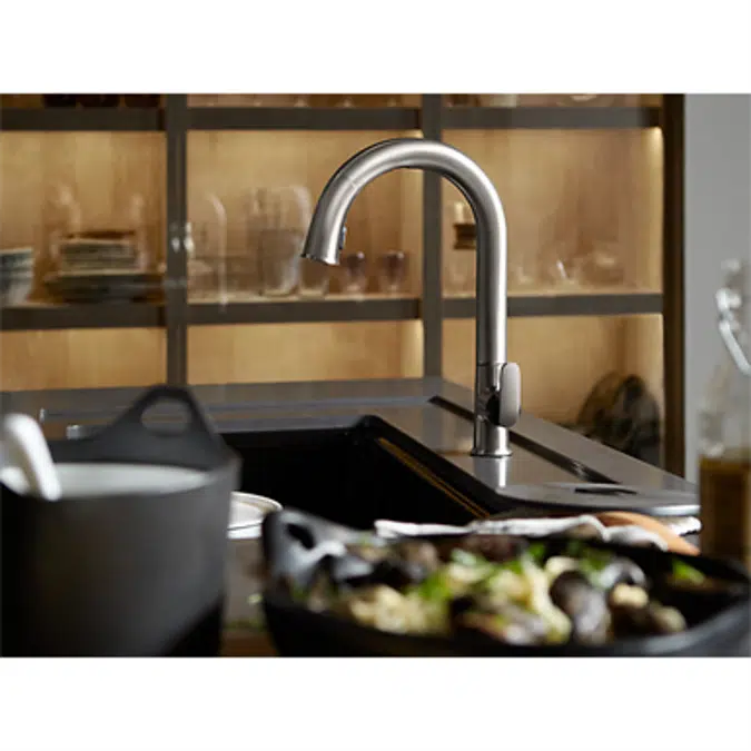 K-72218-B7 Sensate® Touchless kitchen faucet with black accents, 15-1/2" pull-down spout, DockNetik® magnetic docking system, and a 2-function sprayhead featuring the new Sweep® spray
