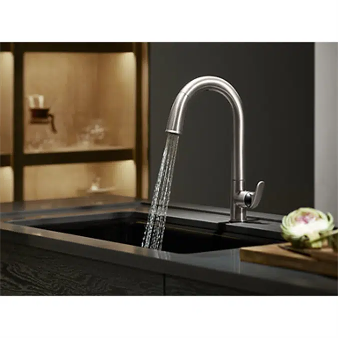 K-72218-B7 Sensate® Touchless kitchen faucet with black accents, 15-1/2" pull-down spout, DockNetik® magnetic docking system, and a 2-function sprayhead featuring the new Sweep® spray