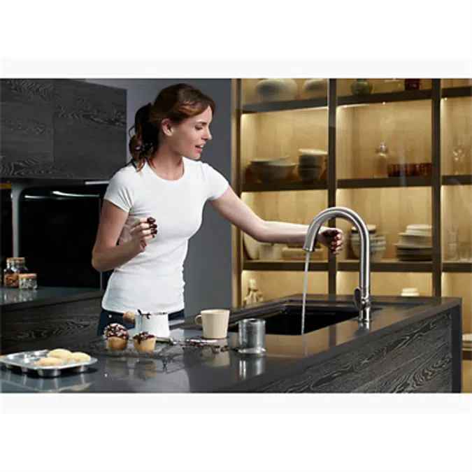 K-72218-B7 Sensate® Touchless kitchen faucet with black accents, 15-1/2" pull-down spout, DockNetik® magnetic docking system, and a 2-function sprayhead featuring the new Sweep® spray