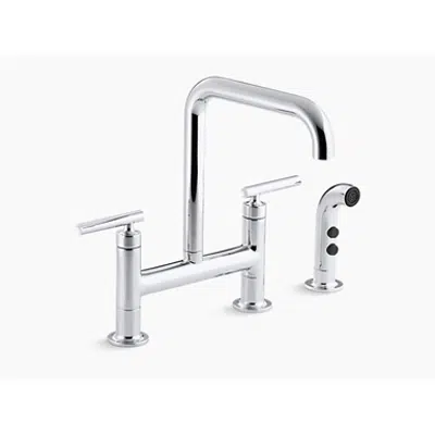 K-7548-4 Purist® two-hole deck-mount bridge kitchen sink faucet with 8-3/8" spout and matching finish sidespray için görüntü