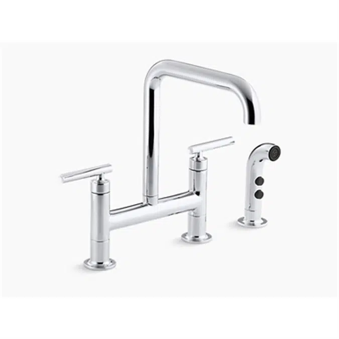 K-7548-4 Purist® two-hole deck-mount bridge kitchen sink faucet with 8-3/8" spout and matching finish sidespray