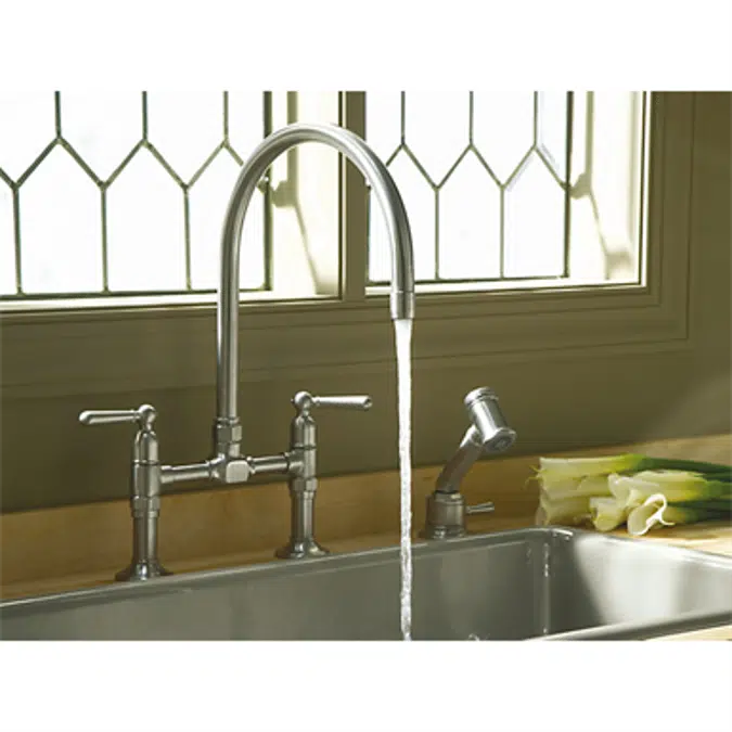 K-7337-4 HiRise™ two-hole deck-mount bridge kitchen sink faucet with 10-1/4" gooseneck spout and lever handles