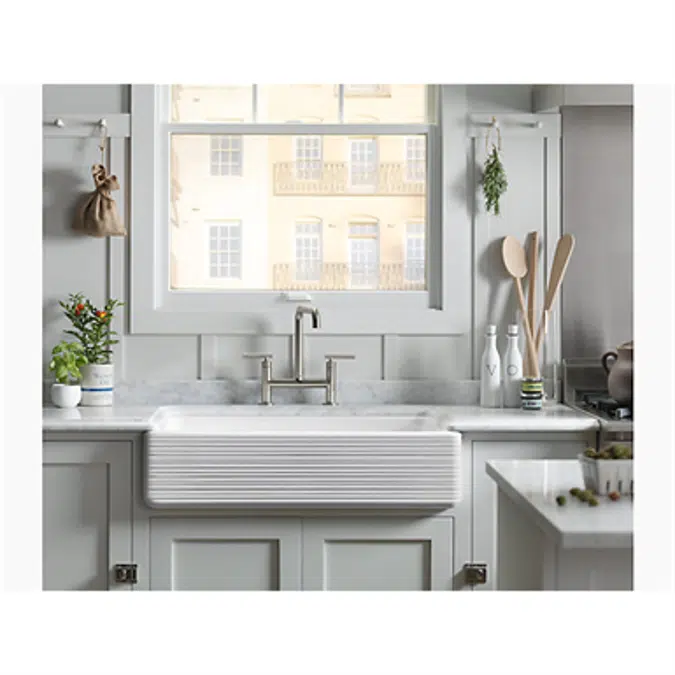 K-6349 Whitehaven® Hayridge® 35-11/16" x 21-9/16" x 9-5/8" Smart Divide® undermount double-bowl large/medium farmhouse kitchen sink with tall apron