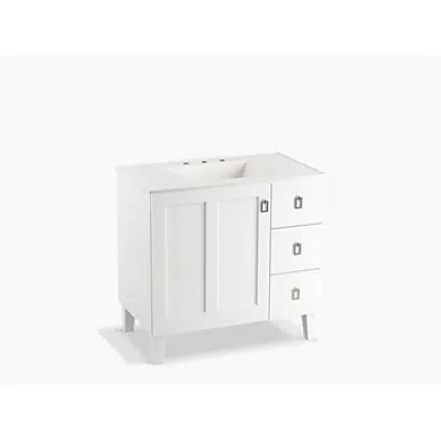 Image for K-99533-LGR Poplin® 36" bathroom vanity cabinet with legs, 1 door and 3 drawers on right
