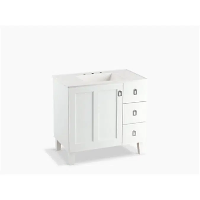 K-99533-LGR Poplin® 36" bathroom vanity cabinet with legs, 1 door and 3 drawers on right