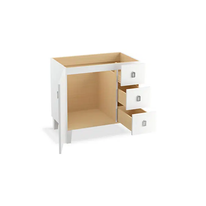 K-99533-LGR Poplin® 36" bathroom vanity cabinet with legs, 1 door and 3 drawers on right