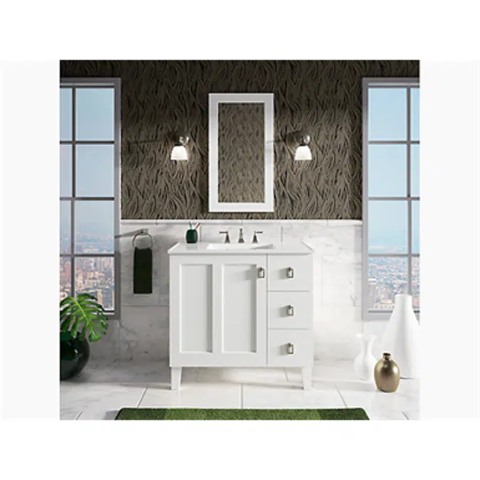 K-99533-LGR Poplin® 36" bathroom vanity cabinet with legs, 1 door and 3 drawers on right