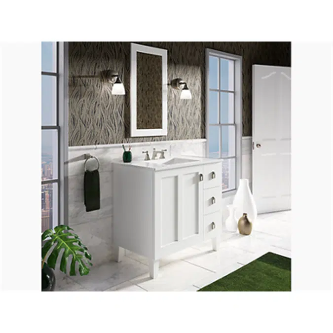 K-99533-LGR Poplin® 36" bathroom vanity cabinet with legs, 1 door and 3 drawers on right
