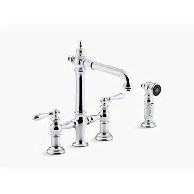 obraz dla K-76519-4 Artifacts® deck-mount bridge kitchen sink faucet with lever handles and sidespray