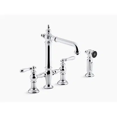 Image for K-76519-4 Artifacts® deck-mount bridge kitchen sink faucet with lever handles and sidespray