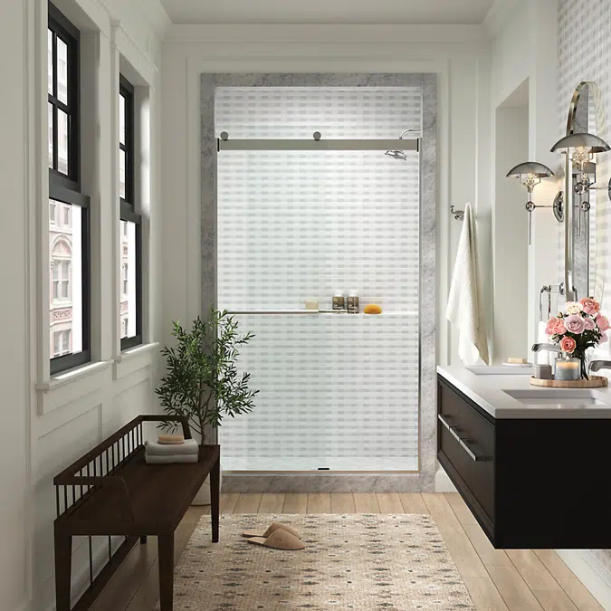 Levity® Plus Frameless sliding shower door, 81-5/8" H x 44-5/8 - 47-5/8" W, with 3/8"-thick Crystal Clear glass