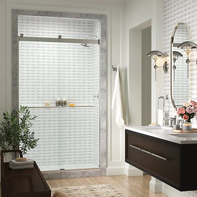 Levity® Plus Frameless sliding shower door, 81-5/8" H x 44-5/8 - 47-5/8" W, with 3/8"-thick Crystal Clear glass