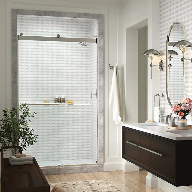 Levity® Plus Frameless sliding shower door, 81-5/8" H x 44-5/8 - 47-5/8" W, with 3/8"-thick Crystal Clear glass