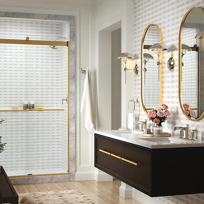 Levity® Plus Frameless sliding shower door, 81-5/8" H x 44-5/8 - 47-5/8" W, with 3/8"-thick Crystal Clear glass