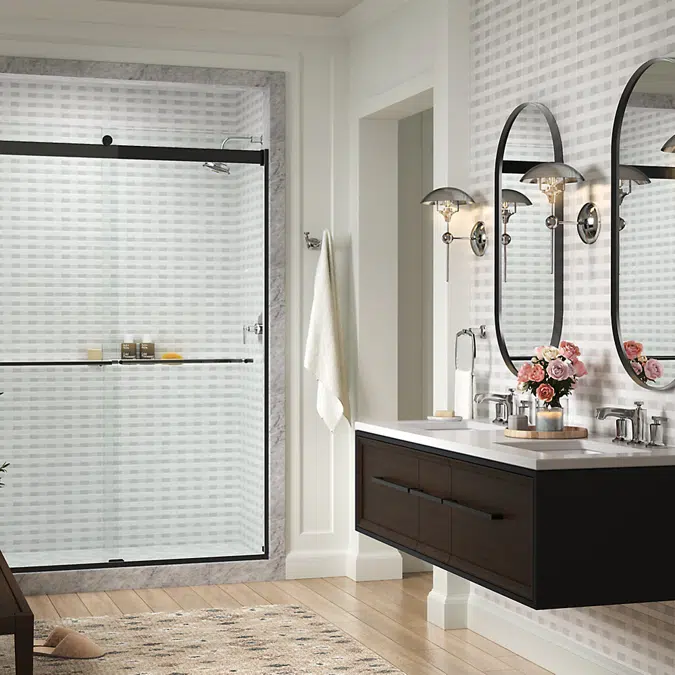 Levity® Plus Frameless sliding shower door, 81-5/8" H x 44-5/8 - 47-5/8" W, with 3/8"-thick Crystal Clear glass