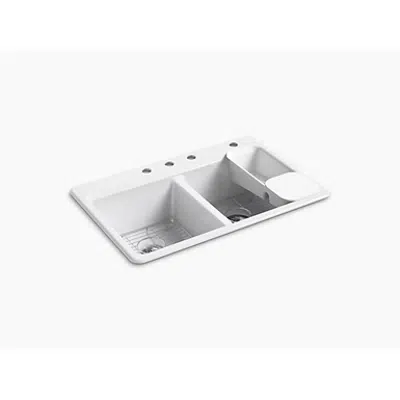 K-8679-4A2 Riverby® 33" x 22" x 9-5/8" top-mount double-equal workstation kitchen sink with accessories and 4 faucet holes için görüntü
