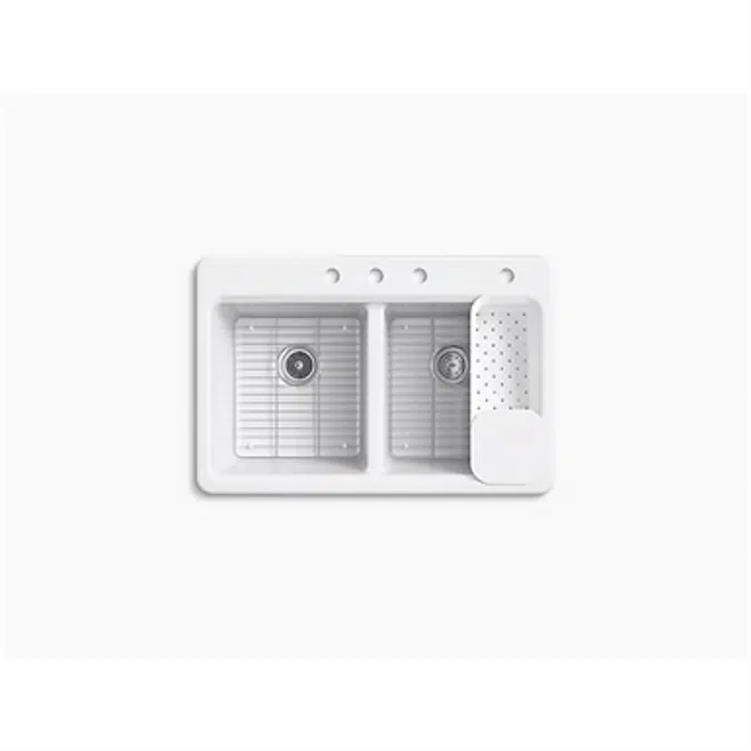 K-8679-4A2 Riverby® 33" x 22" x 9-5/8" top-mount double-equal workstation kitchen sink with accessories and 4 faucet holes