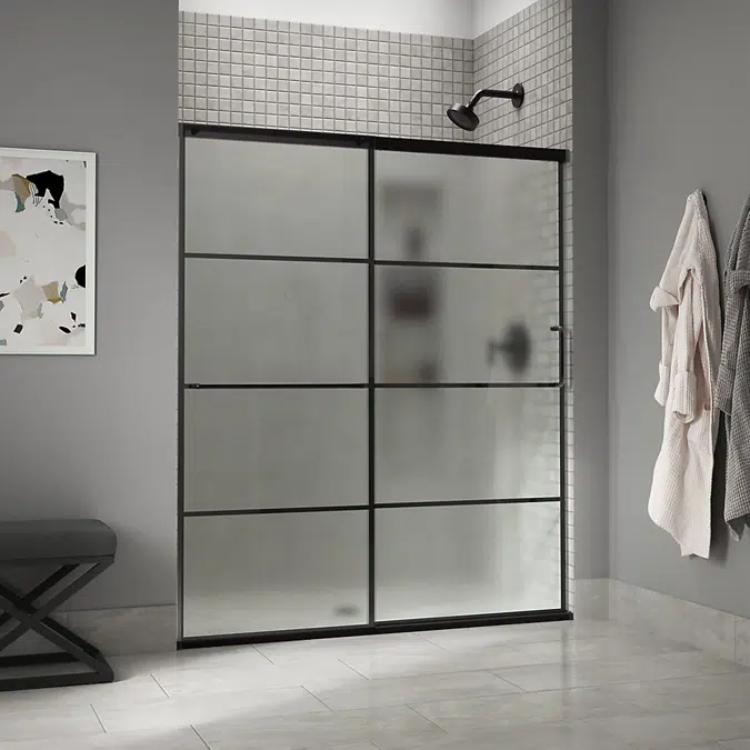 Elate™ Sliding shower door, 70-1/2" H x 56-1/4 - 59-5/8" W, with 1/4" thick Frosted glass with rectangular grille pattern
